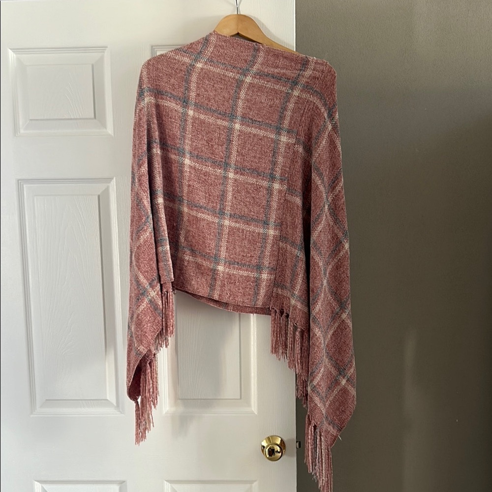 Plaid Fringe Wrap in Red and Cream